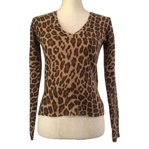 White + Warren Cashmere Sweater Leopard Print V-neck Long Sleeve Size Small - Picture 1 of 9